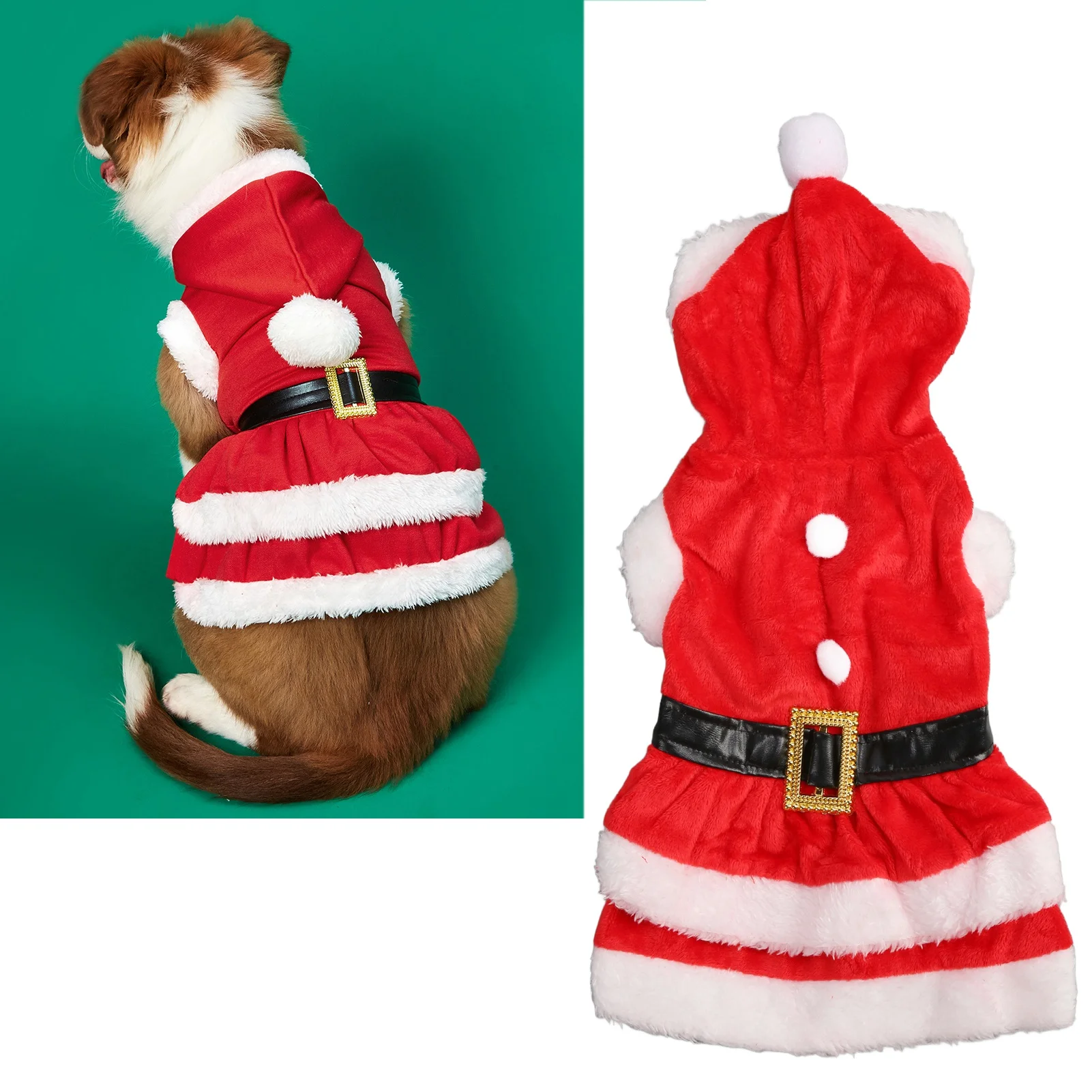 Vestido de Natal dupla face pet, macio, espessado, coral, velo, respirável, fechamento de botão, cachorro, santa, inverno