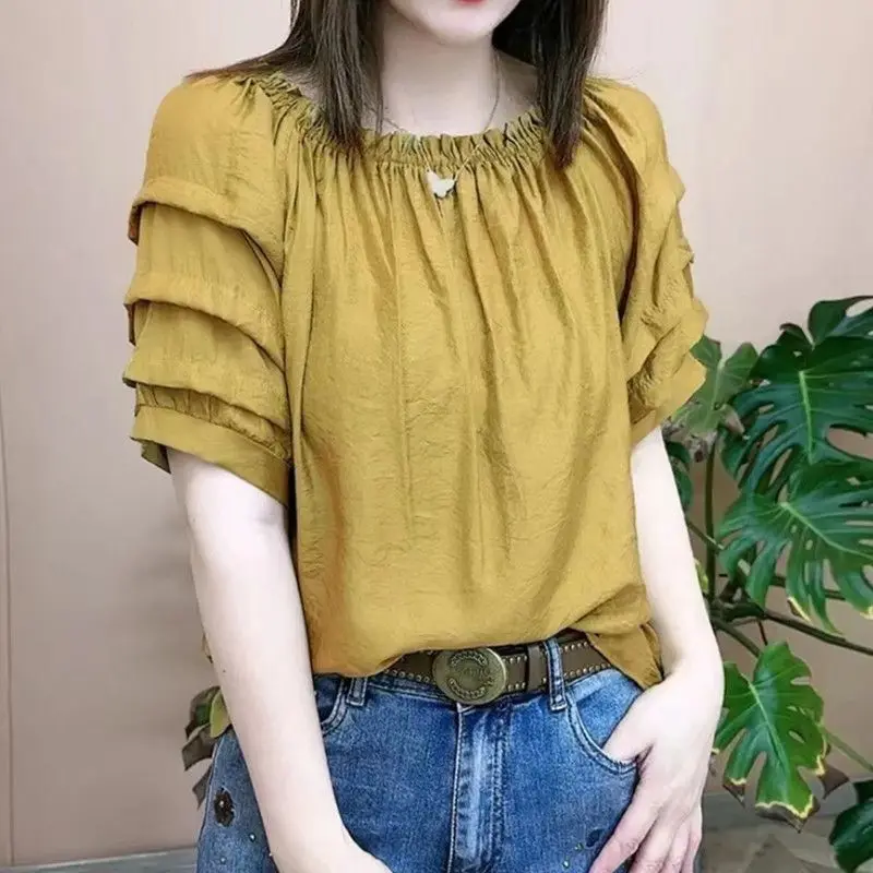 Fashion O-Neck Solid Color Folds Puff Sleeve Blouses Women\'s Clothing 2024 Summer New Loose All-match Tops Casual Shirts