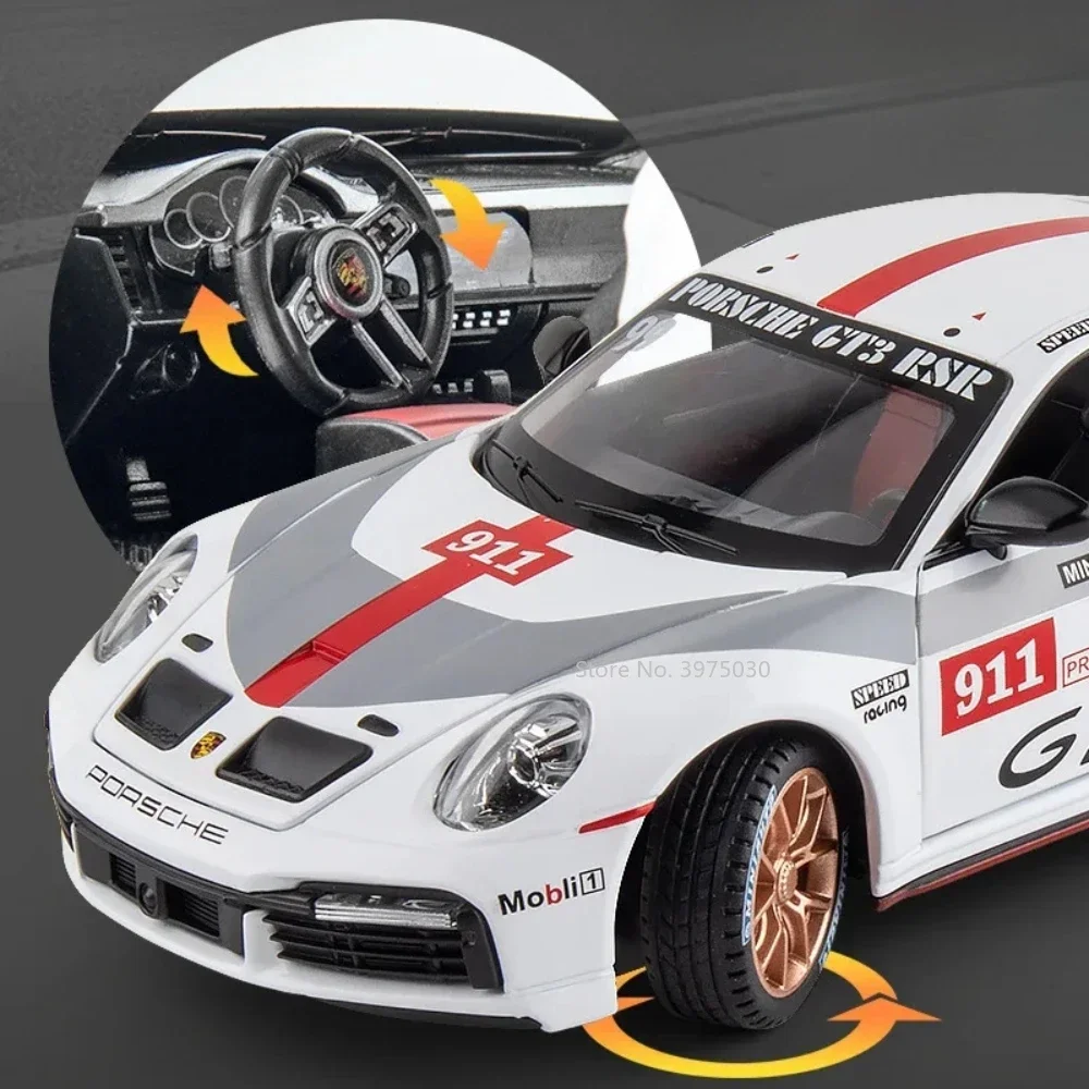 1:24 liga porsche 911 gt3 rsr carros esportivos diecast modelos em miniatura brinquedo com luz de som puxar para trás veículo meninos coleção presentes