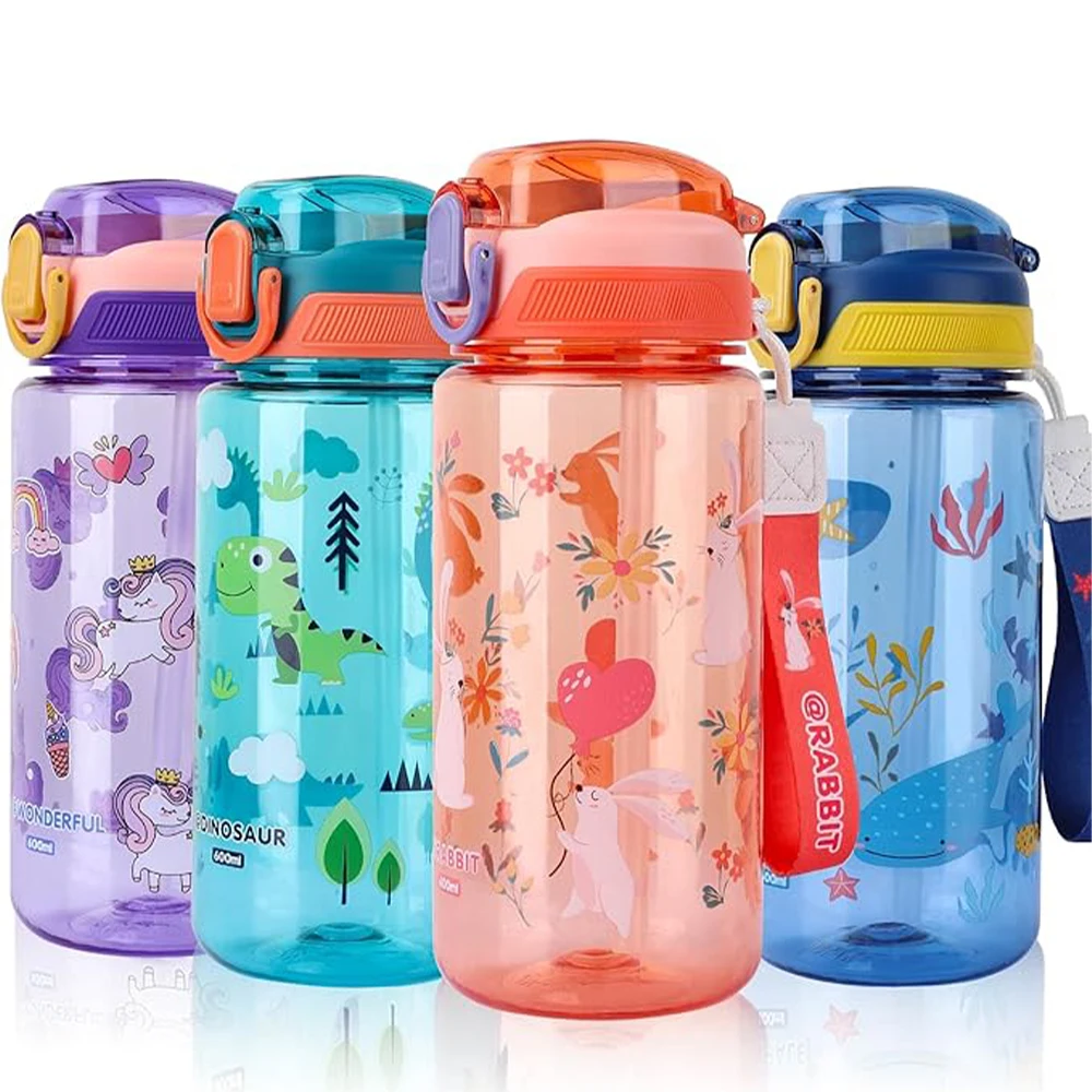 

600ml Dinosaur Water Bottle For Kids Water Sippy Cup With Silicone Straw Leakproof Plastic Water Bottles Summer Kids Water Cup