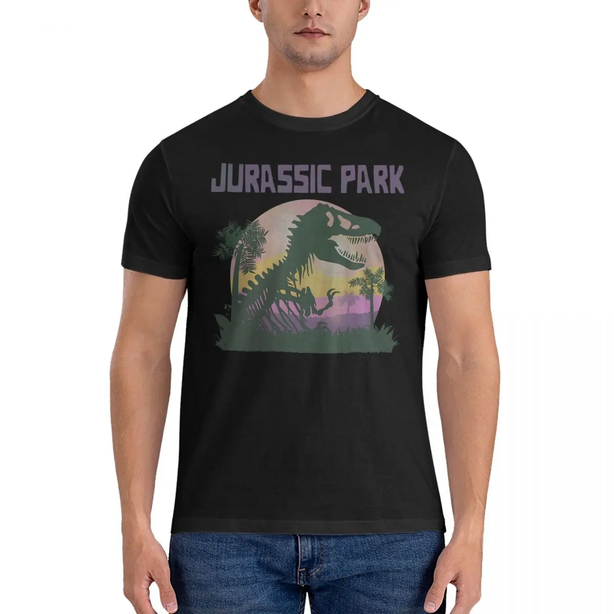 T-Shirt Sunset T-Rex Skeleton Silhouette Leisure Pure Cotton Tee Shirt Short Sleeve Jurassic Park T Shirt O Neck Tops Original