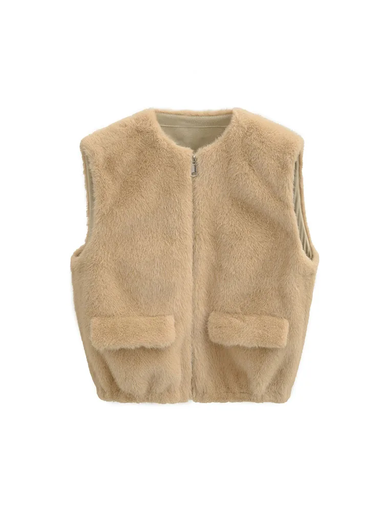 

HH Woman Fashion Winter Round Neck Sleeveless Zipper Pocket Decoration Faux Fur Effect Vest Female Casual Street Style Vest