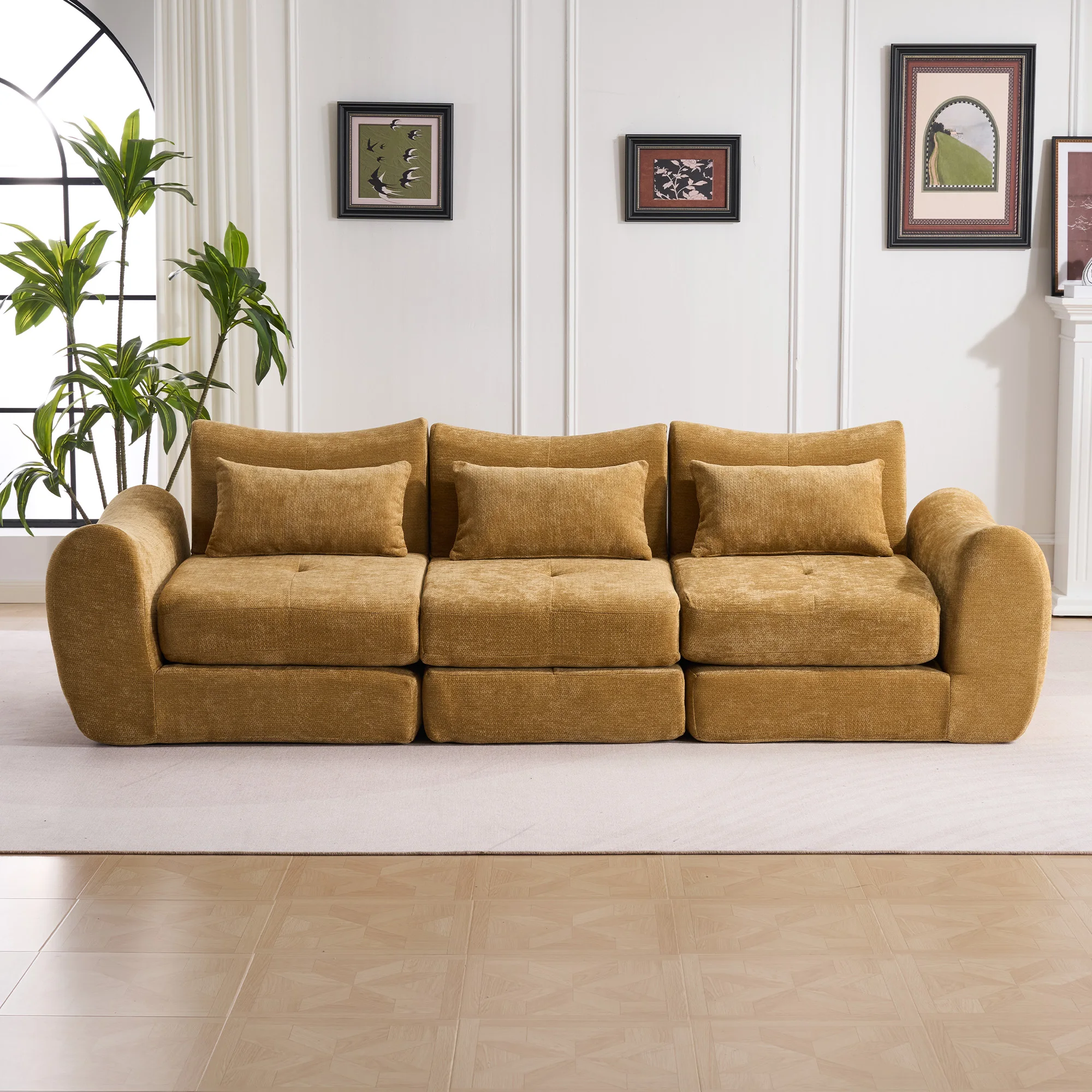 Gele Comfort Compressiebank, 3-zits, geen montage nodig, slaapbank, zwarte chenille, vrije combinatie voor woonkamer, appartement