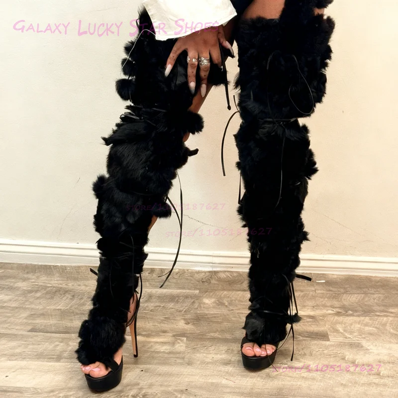 

Long Plush Tassel Black Fur Sandals Women Fringe Cross Straps Boots Wrap Patchwork Thighs Sexy Platform Girls Cool Party Shoes