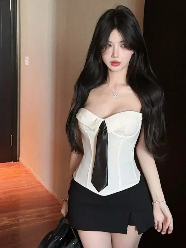 Top Corto de Tubo con Cuello Blanco Pure Desire Choco Girl para Mujer, Diseño Asimétrico con Espina de Pescado, Ajuste Dead...