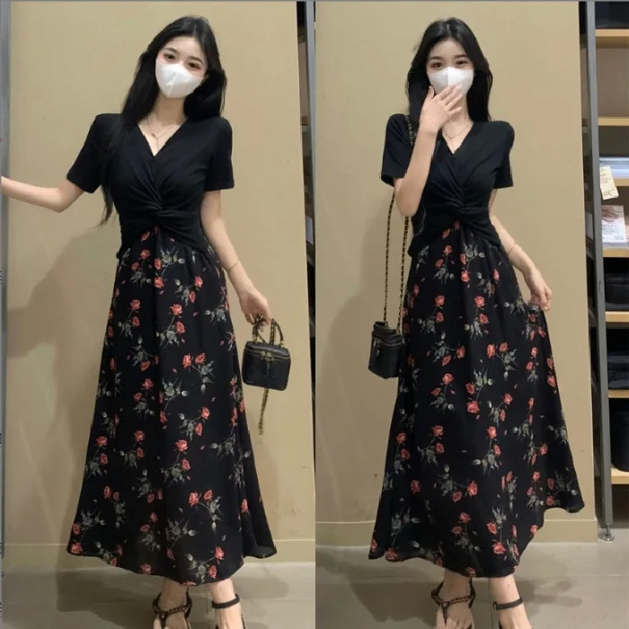 Summer 2025 Women's V-Ne ort Sve Long Dr High Waist A-Line OL Dres Floral Print Commute Sle Polyester Fiber