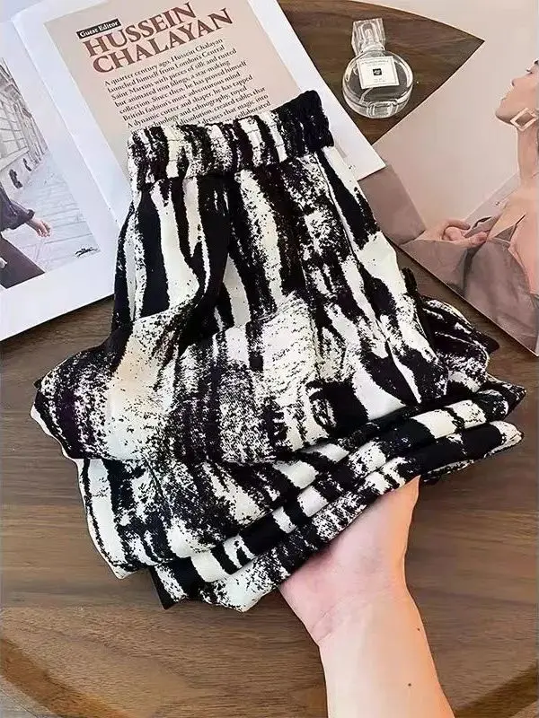 

Summer Thin Ice Silk Wide Leg Pants Women's Casual Loose Fit Drawstring High Waist Straight Tube Floor-Length Dyeing Pants