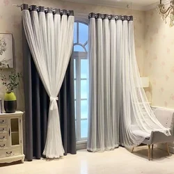 Double Layer Blackout Curtains Finished Wear Rod Lace Gauze and Cloth Curtains for Balcony Living Room Bedroom
