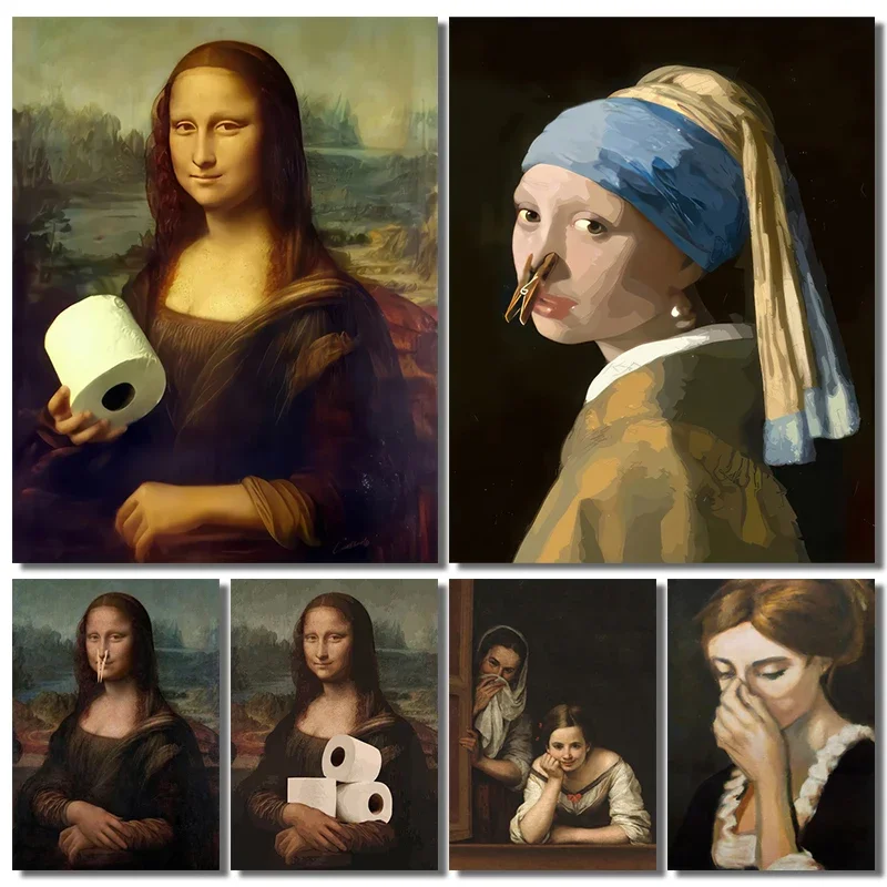 (No frame)1pc Funny Abstract Bathroom Toilet Home Decor, Unframed Quirky Mona Lisa Girl with Pearls Wall Art Poster for Livin