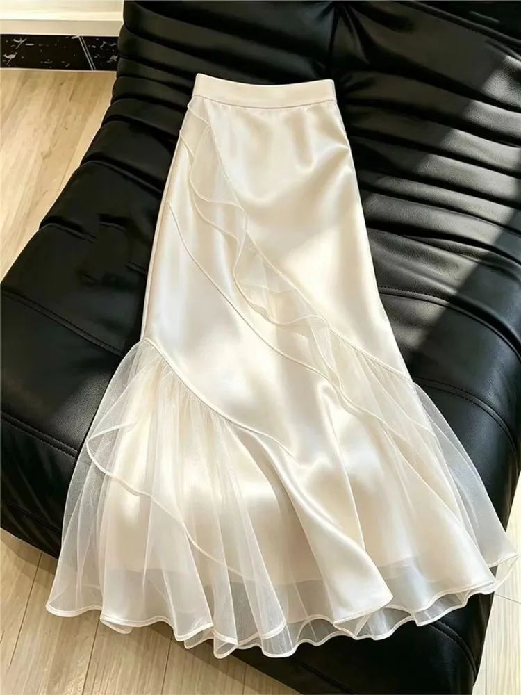 Fashion Elegant Skirts Solid Color Lace Patchwork High Waist Female Slim Long Skirt Design All Match Summer Women's Clothing