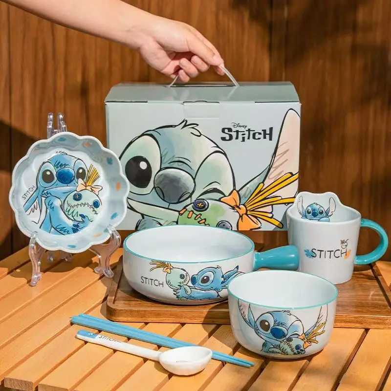 Stitch Salad Bowl Dinner Plates Household Ceramic Plate Cute Styling Rice Bowl Resistant Tableware Kids Water Cup Coffee Mug