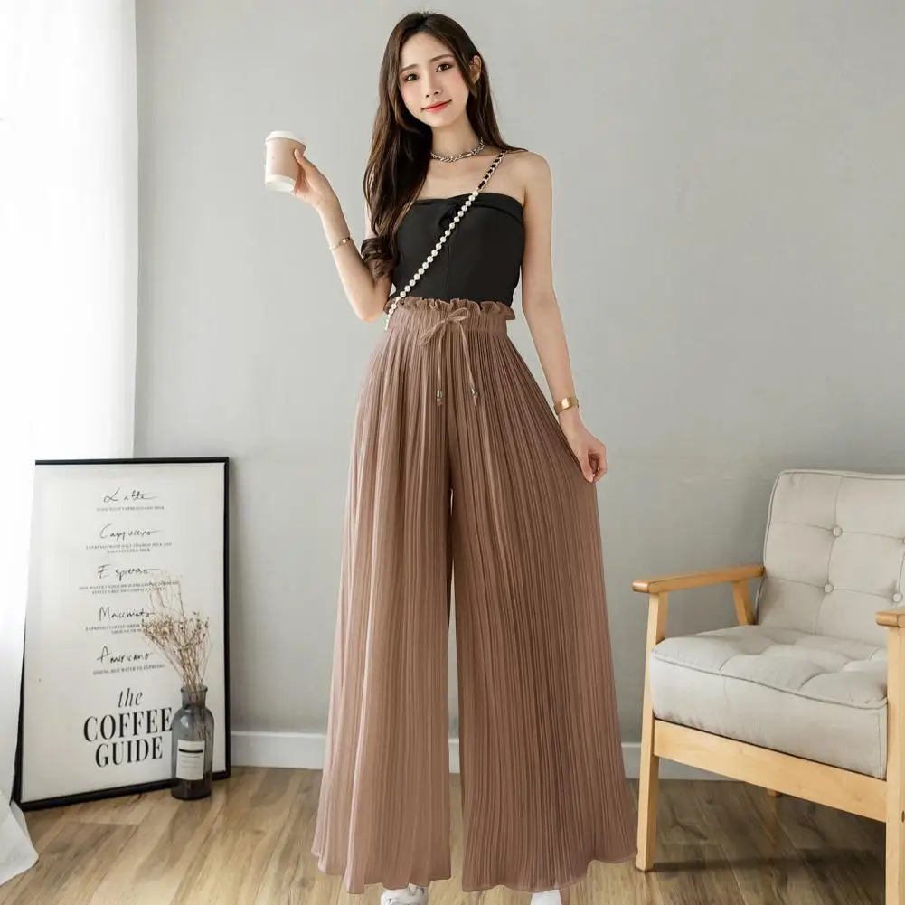 Pleated Design Pants Stylish Wide Leg Trousers Elastic High Waist Adjustable Drawstring Pleated Design Women's Casual Pants