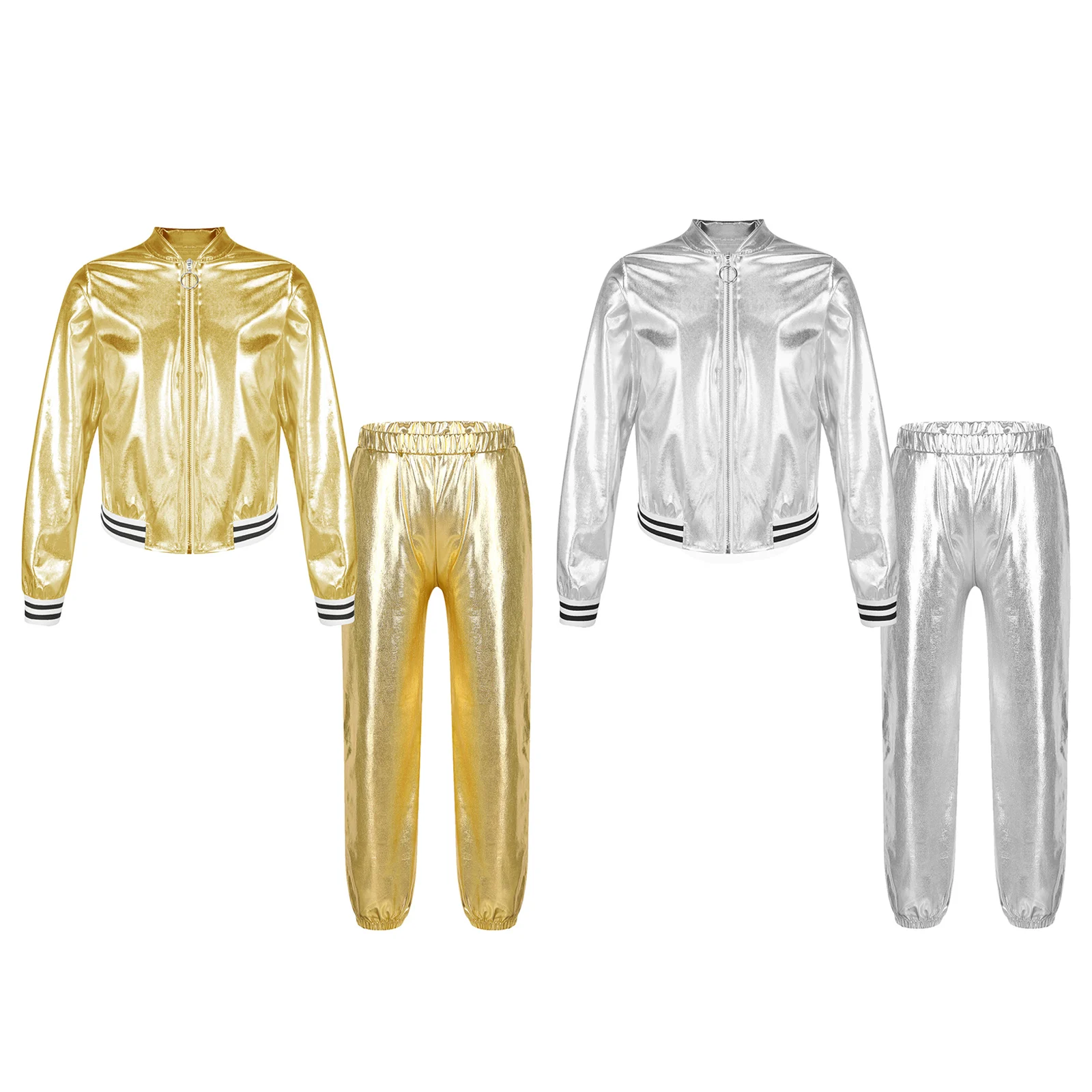 New Kids Girls Sports Outfits Shiny Metallic Long Sleeve Zipper Jacket Tops+Pants for Gym Workout Streetwear Stage Performance