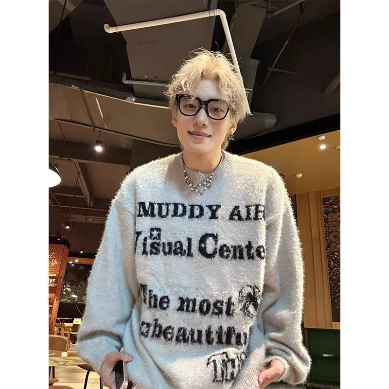 High Street sweater rajut pasangan, atasan sweater rajutan leher kru ukuran besar netral musim gugur dan musim dingin retro Amerika