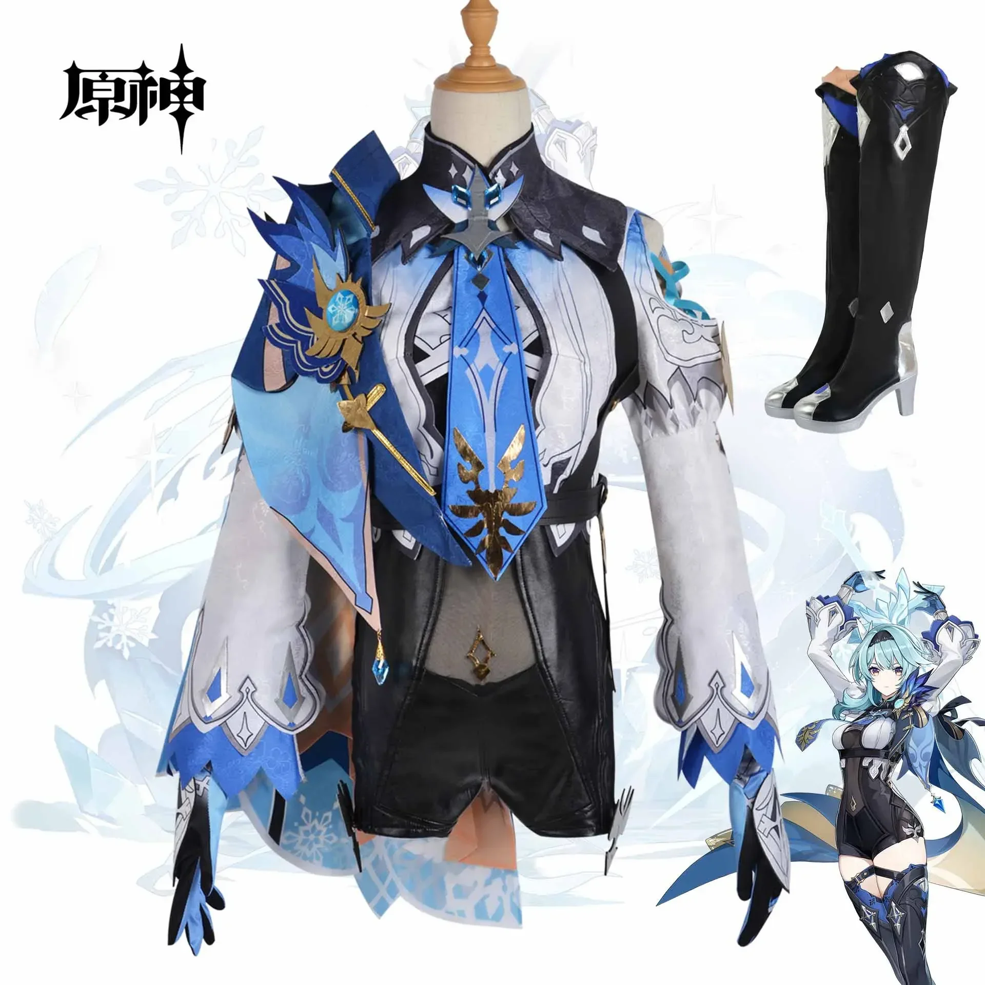 Game Genshin Impact Eula Lawrence Cosplay Costume Wig Uniform Wave Flower Knight Funny Costume Glove Jewelry Halloween Carnival