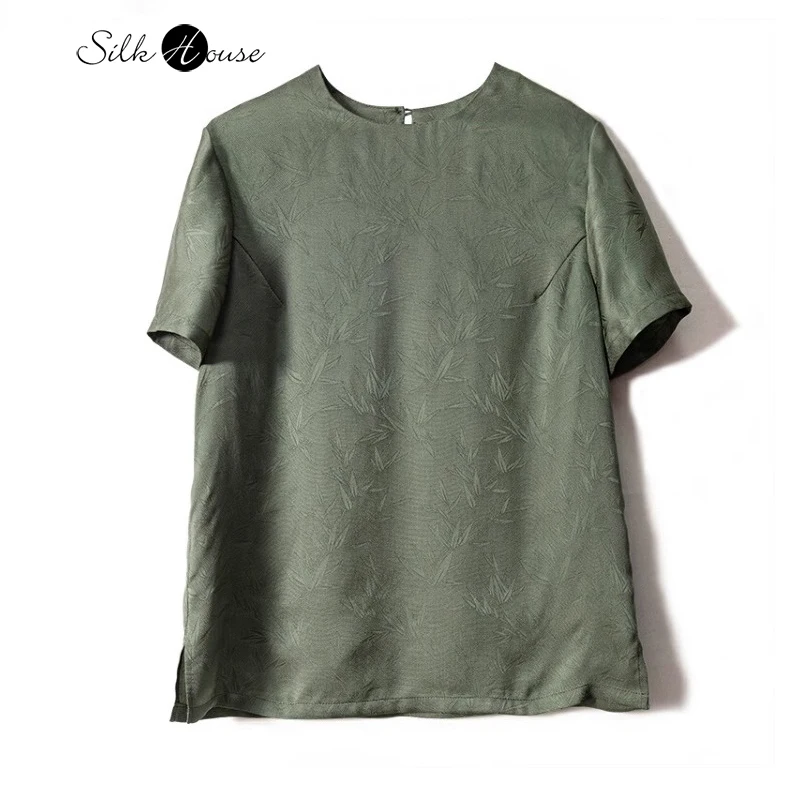 

2024 Women's Spring New Ink Green Bamboo Leaf Design Sense Retro Fashion Leisure Breathable 100%Natural Mulberry Silk Top