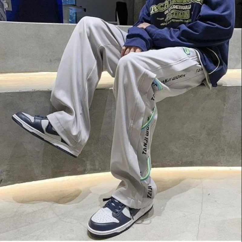 Ice Shreds Thin Trousers Summer New Men's Patchwork Elastic Drawstring Casual Loose Young Style Letter Straight Wide Leg Pants
