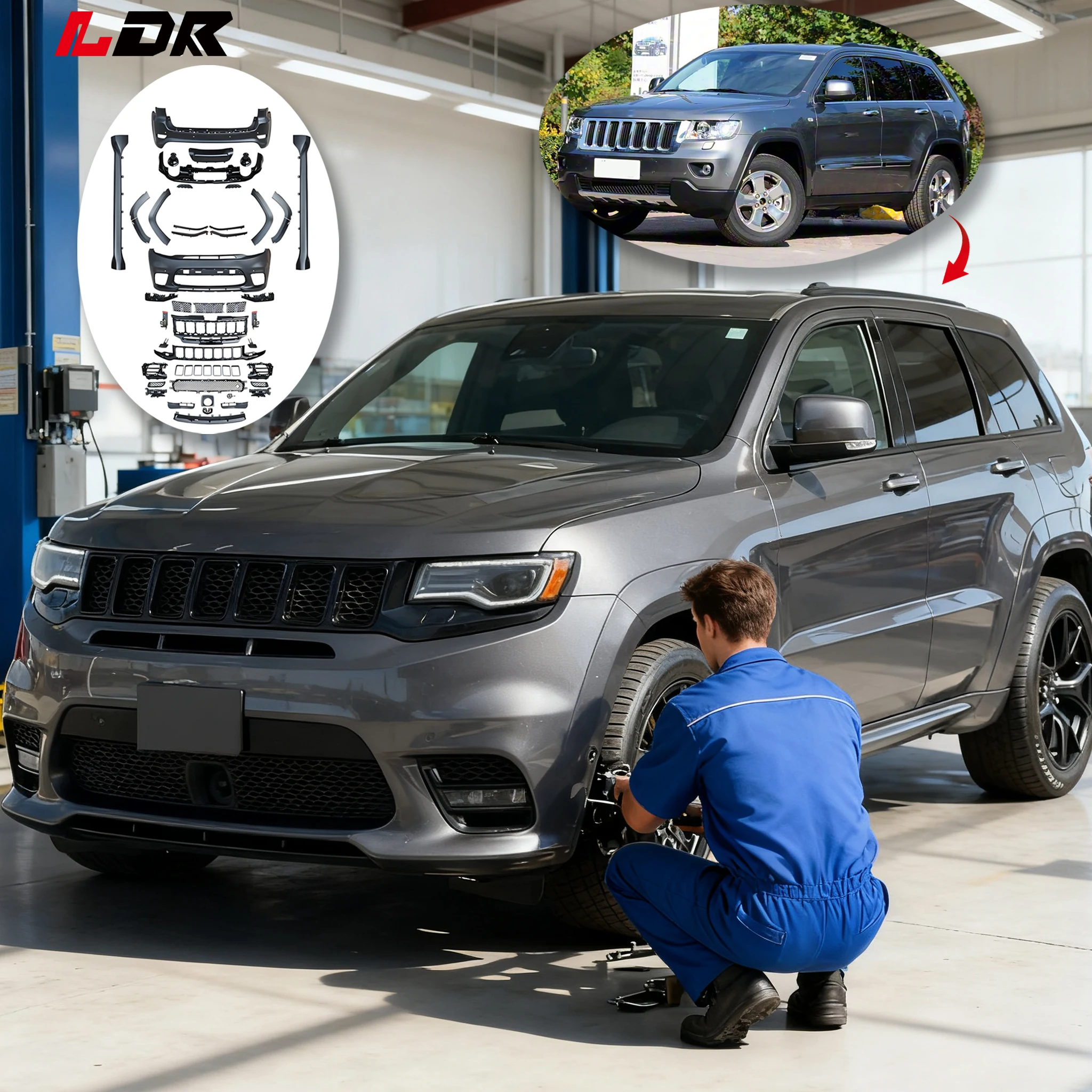 

Body Kit for Grand Cherokee 2011-2017 Facelift to 2018-2020 SRT Style Upgrade Parts with Hood Bumper Grille Plug and Play