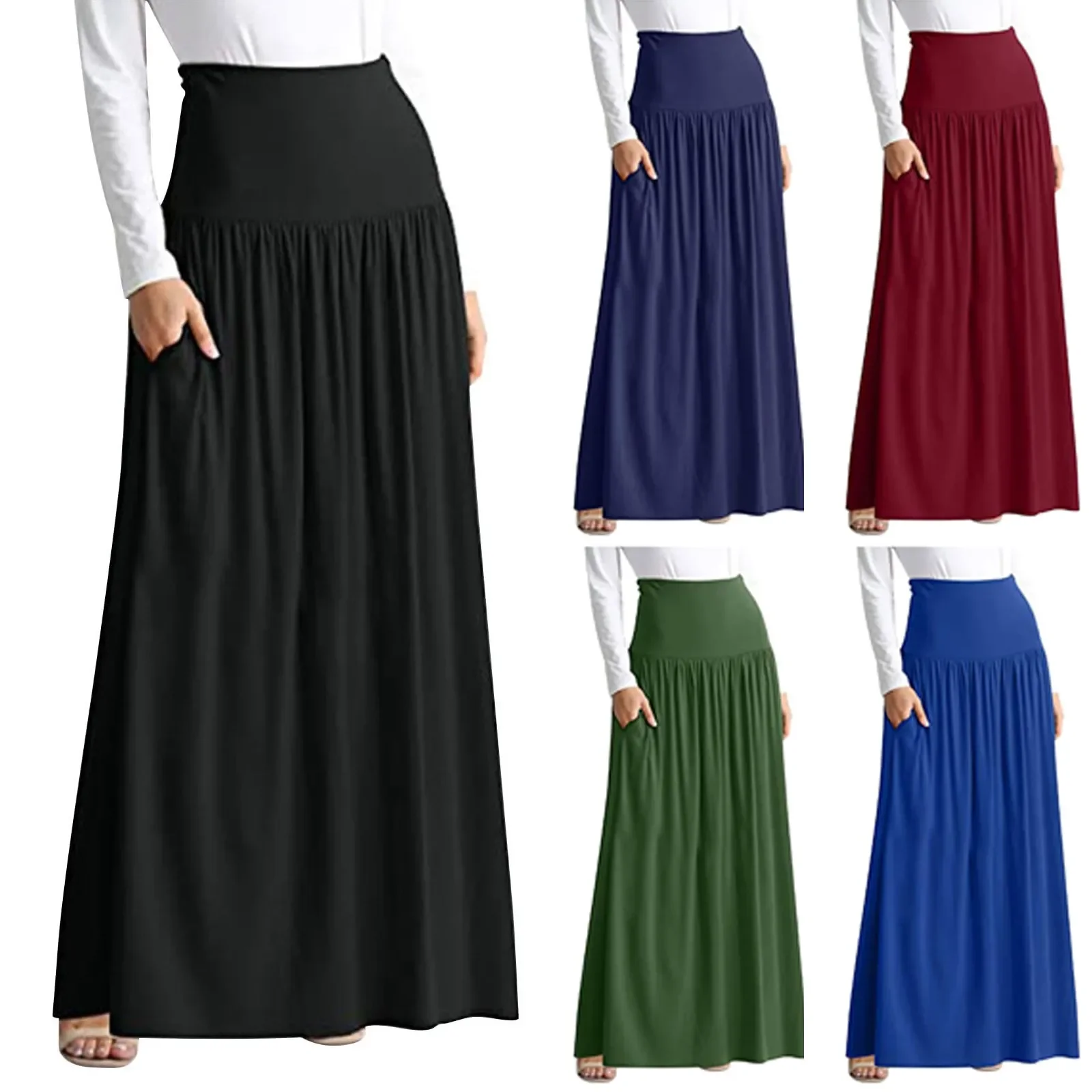 

Skirts for Women Elastic Wide Waistband Solid Color Casual Flare Long Skirt with Pockets A-Line Skirt Faldas