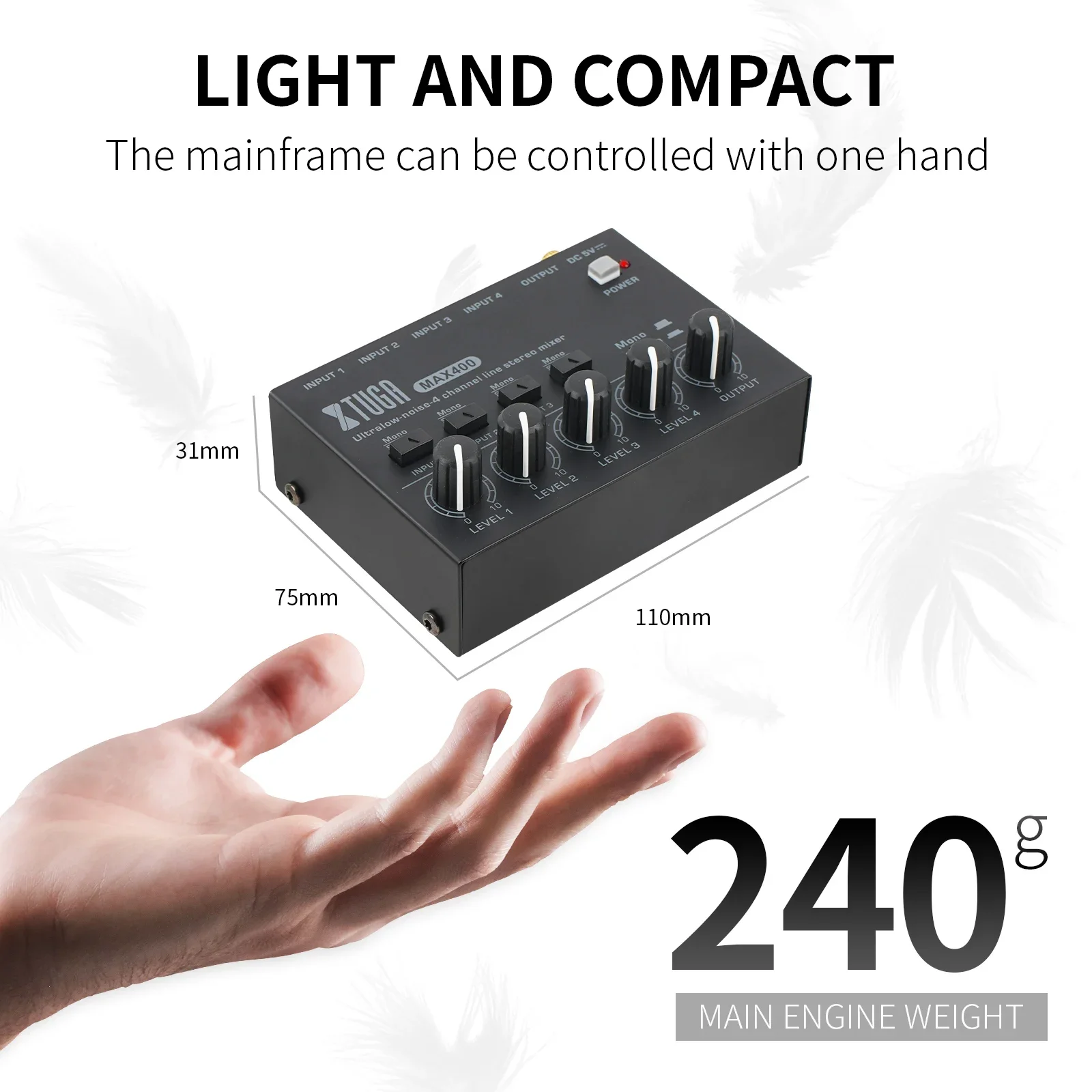 XTUGA MAX400 Professioneller Mixer 4-Kanal-Mini-Stereo-Mixer Audio-Mixer-Schnittstelle Geräuscharm für mehrere Geräte und Aufnahmen