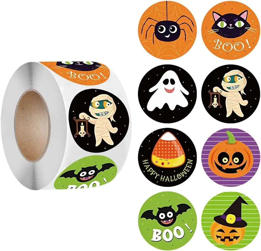 500 PCS Roll Halloween Pumpkin Bat Spider Stickers for Kids 8 Vibrant Colors and Designs, Round Seal Label Envelope Seals Paster
