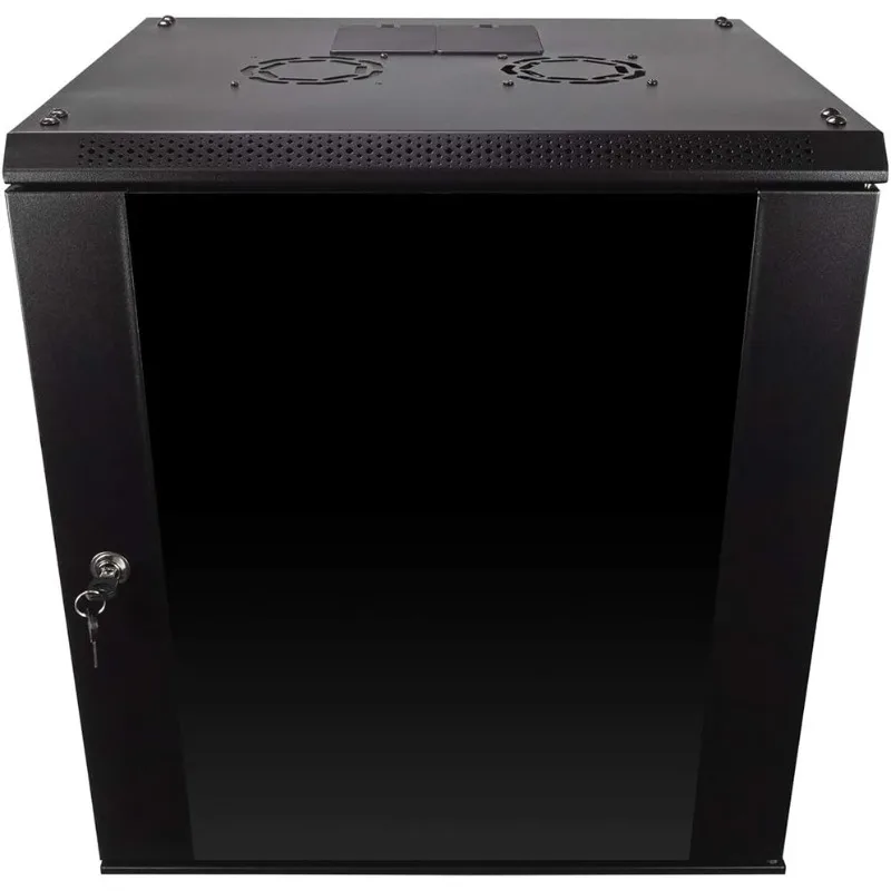 Server rack enclosure with glass door, cooling fans, locks and removable side panels