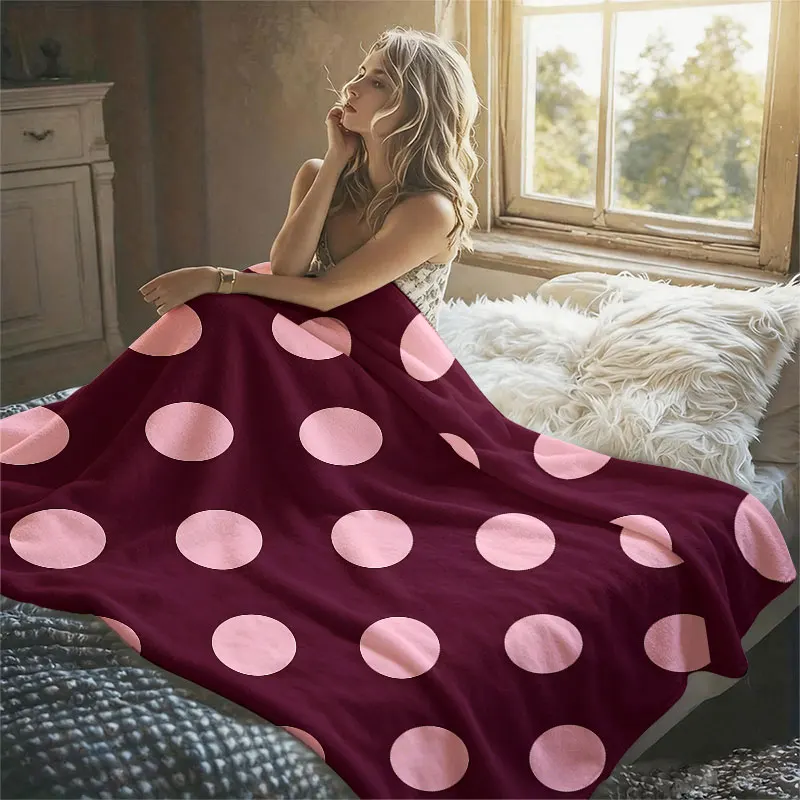 Burgundy Pink Polka Dots Flannel Blanket Perfect for Sofa Office Bed Travel Sleep Read Relax Camping Four Season Use