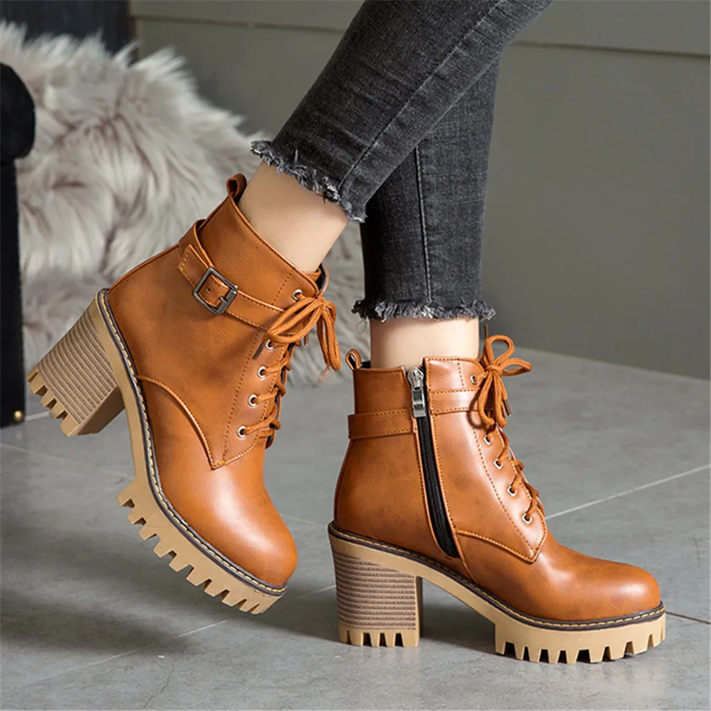 2024 Black Platform Ankle Boots Women Winter PU Leathe Lace-Up  Thick High Heels Motorcycle Botas Mujer Brown Yellow 33-43