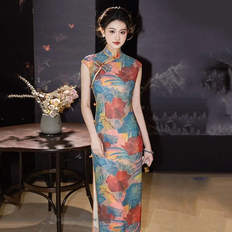 

Плюс размер винтажный цветок с принтом, длинное Ципао, китайское платье Cheongsam, традиционный восточный костюм с воротником-стойкой, сексуальные платья