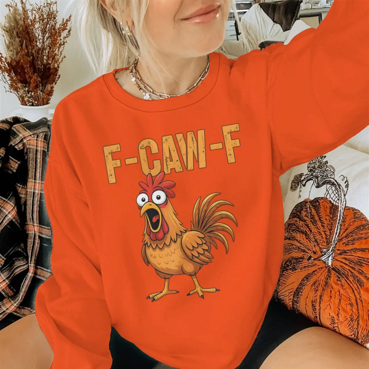F-CAW-F Funny Rooster Sweatshirt Retro Chicken Long Sleeve Halloween Pullover Farm Animal Thanksgiving Sweatshirt for Men Women
