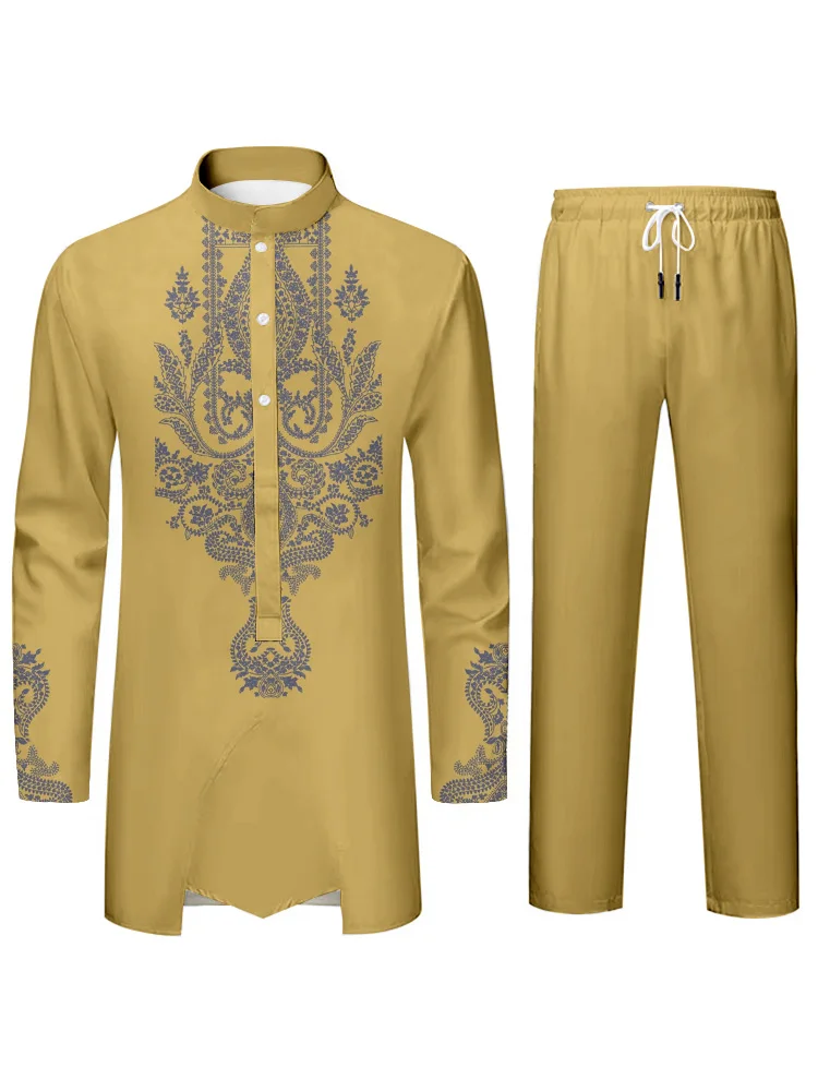 Spring/Summer Men's Suit Islamic Culture 3D Printing Printing Traditional Dress Blouson Collar Long Sleeve Top and Trousers