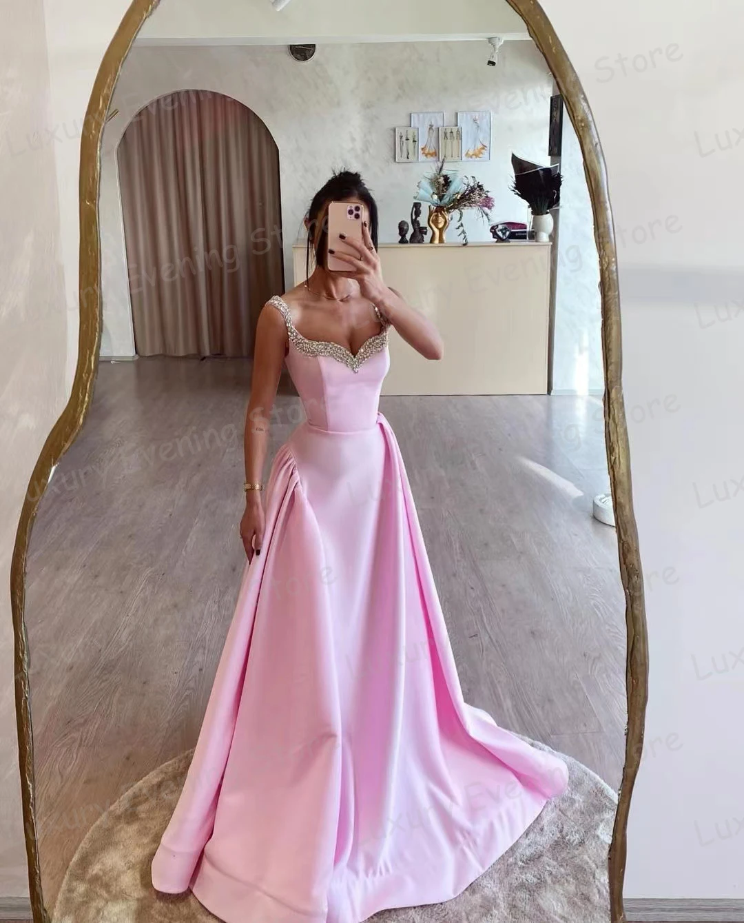 2024 moderne rosa Abendkleider Frau eine Linie elegante sexy ärmellose Falte Satin formelle Ballkleider Party Vestidos de Novia