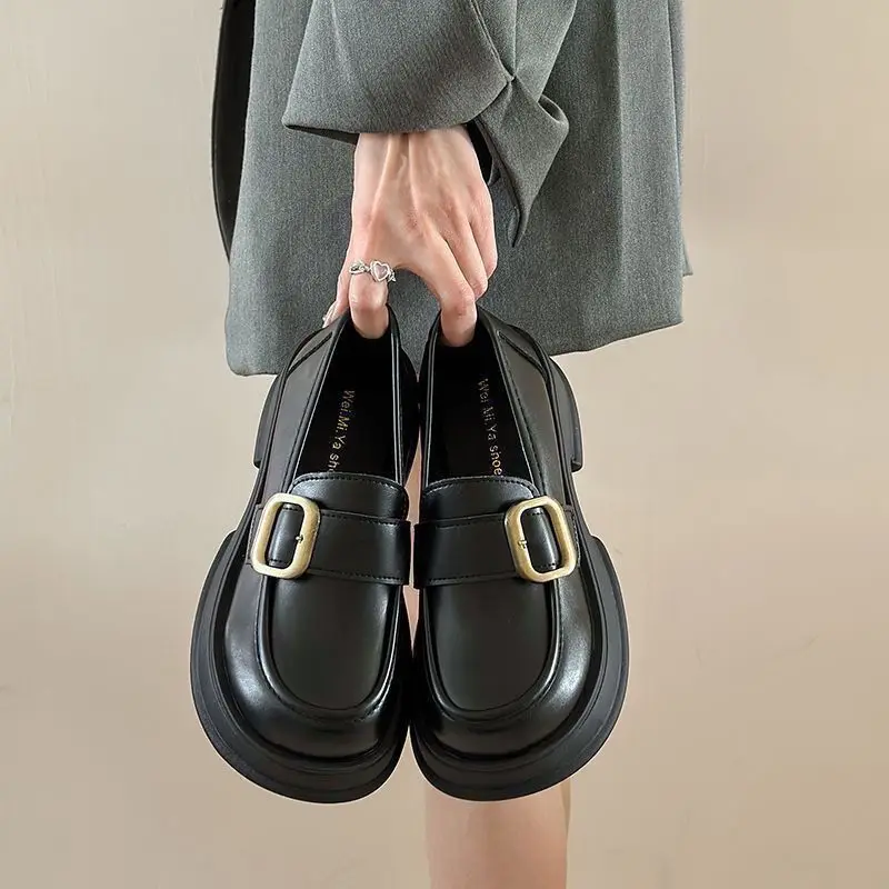 Women Plus Size Thick Sole Loafers British Style Height Increasing Slip On Uniform Shoes