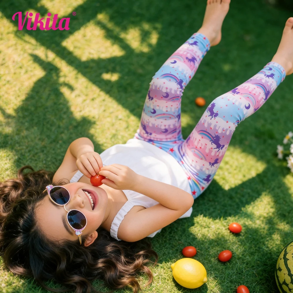 

Брюки VIKITA для девочек с радужным принтом единорога и звезд, в полоску, детские узкие брюки из полиэстера, пляжные, школьные, повседневные, леггинсы