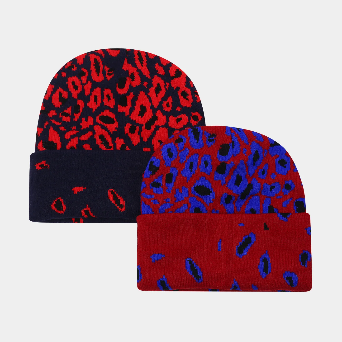 Men's Autumn and Winter Leopard Print Knitted Beanie, 3D Foldable Brim Warm Knit Hat, Black, Brown, Red, Blue Multi-Color Leopard Pattern, Outdoor Travel Street Fashion Versatile Hat
