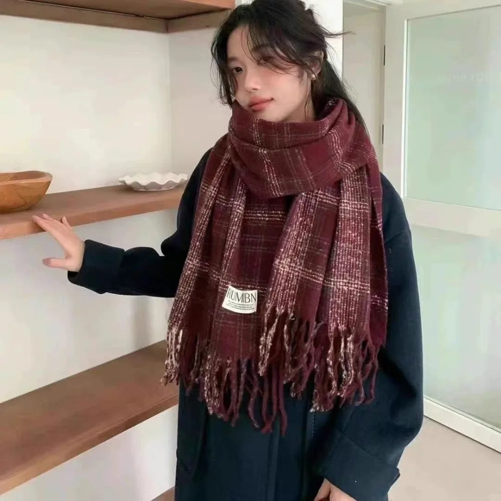 High Quality Angora Fleece Cashmere Scarf Grid Stripe with Tassels Neck Warmer Thickened Windproof Wrap Shawls image 2