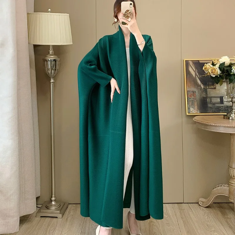 Miyake Long Windbreaker Coat Bat Sleeve Spring and Autumn Women's Style Flip Collar Loose Plus Size Muslim Robe