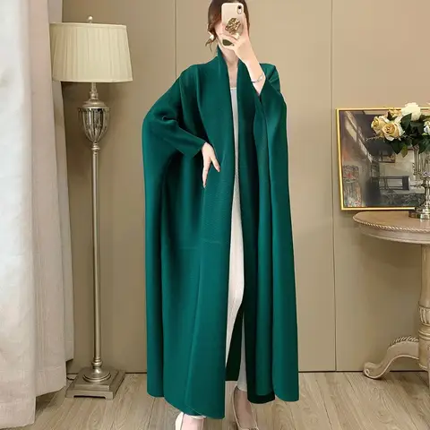 미야케 롱 바람막이 코트, 박쥐 소매, 용수철 가을 여성 스타일, 플립 칼라, 루즈 플러스 사이즈 무슬림 로브