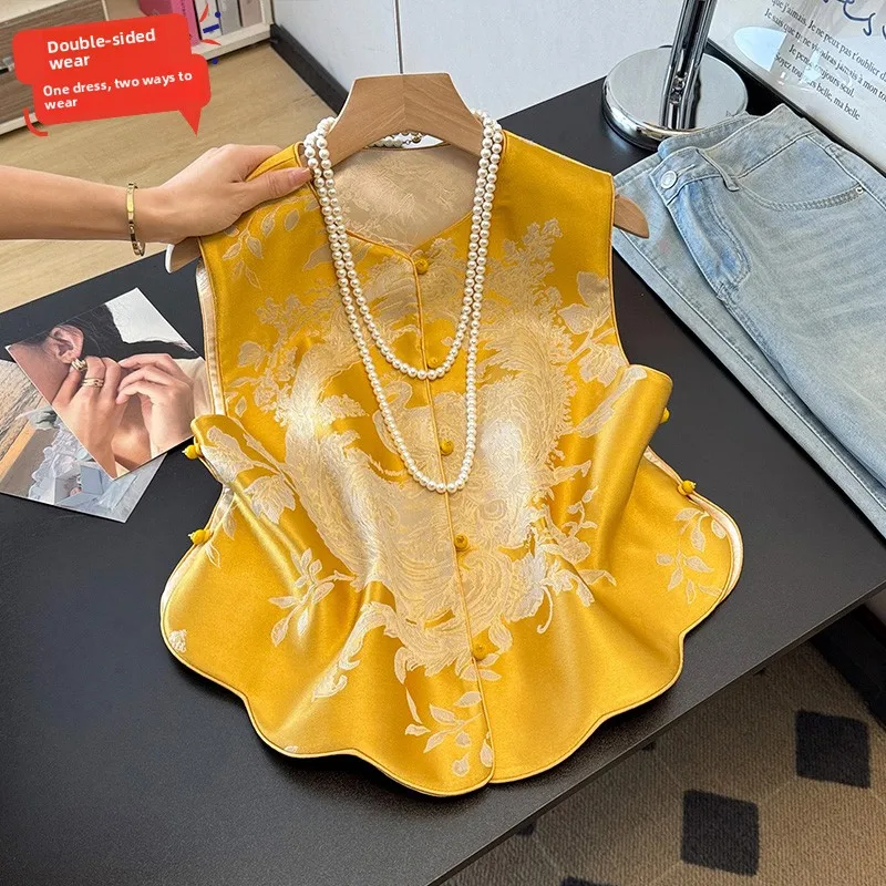 

New Chinese Sle Double-Sided Wear Satin Embroidered Improved Women's Arc Hem National Sle oulder Pad Vest