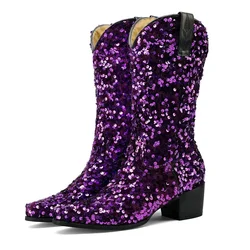 Sequins Cloth Bling Bling Pink Blue Purple Shiny Women Shoes Winter Party Dance Slip-on Mid-calf Boots Chunky Heels Boot Gold