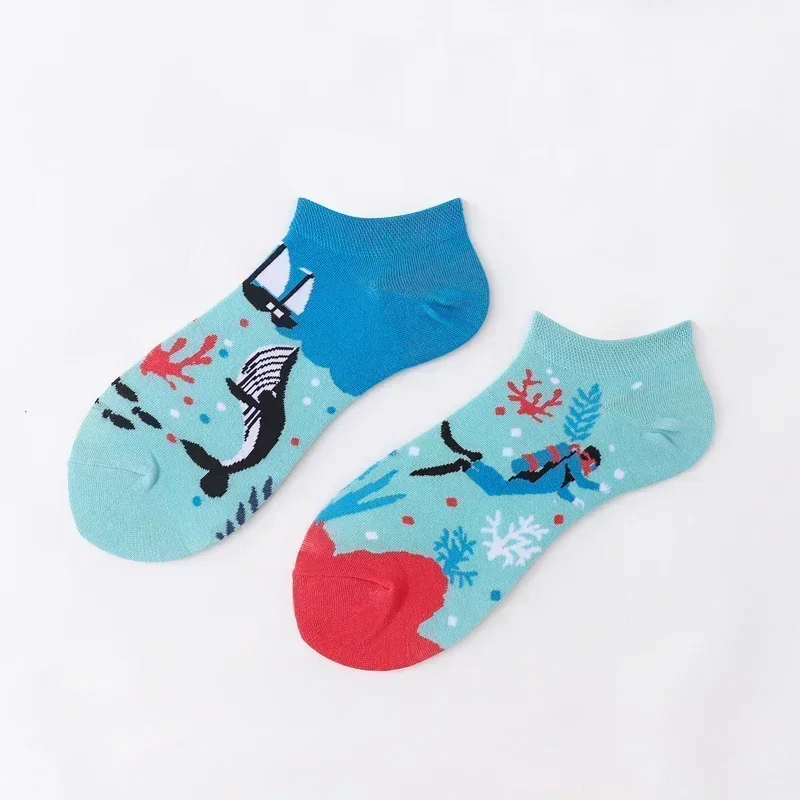 Women\'s Cartoon Colorful Sports Cotton Socks Men Women Socks Low Cut SoxAsymmetric AB Socks Ins Animal and Plant Ankle