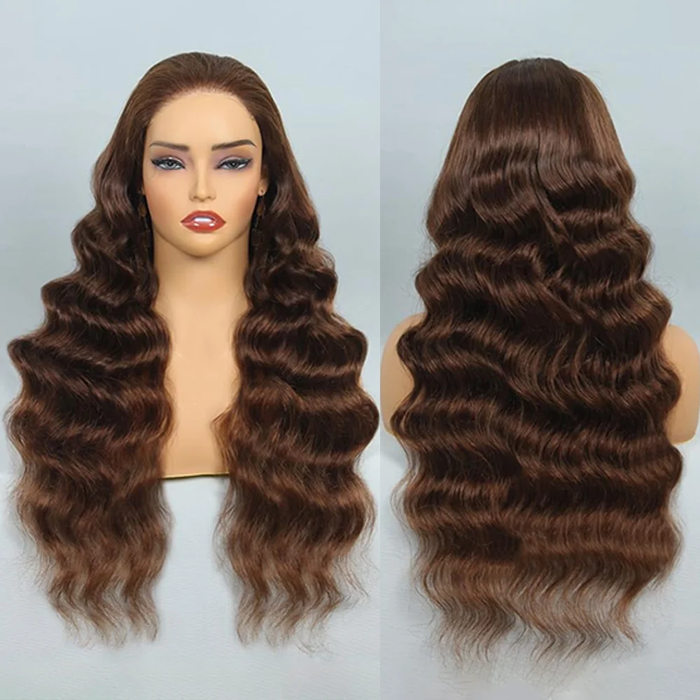 

26-дюймовый синтетический парик с HD-кружевом 13x4, волнистые кудри, коричневый, подходит для повседневной носки и вечеринок, без клея, термостойкий