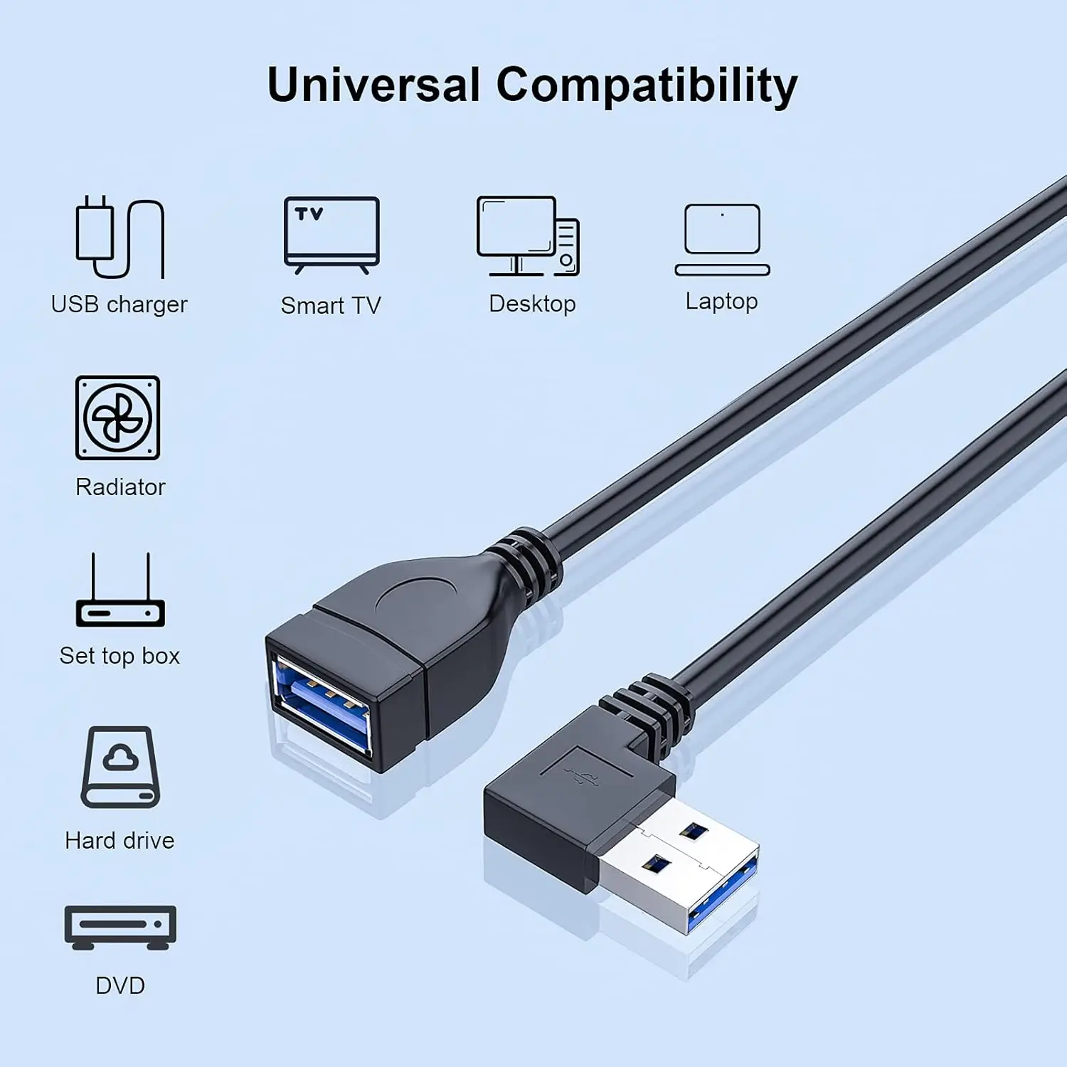 USB 3.0 L-Shaped Elbow Data Cable Up/Down/Left/Right Angle USB-A Male to Female Extension Cord for PC Keyboard Printer U Disksis