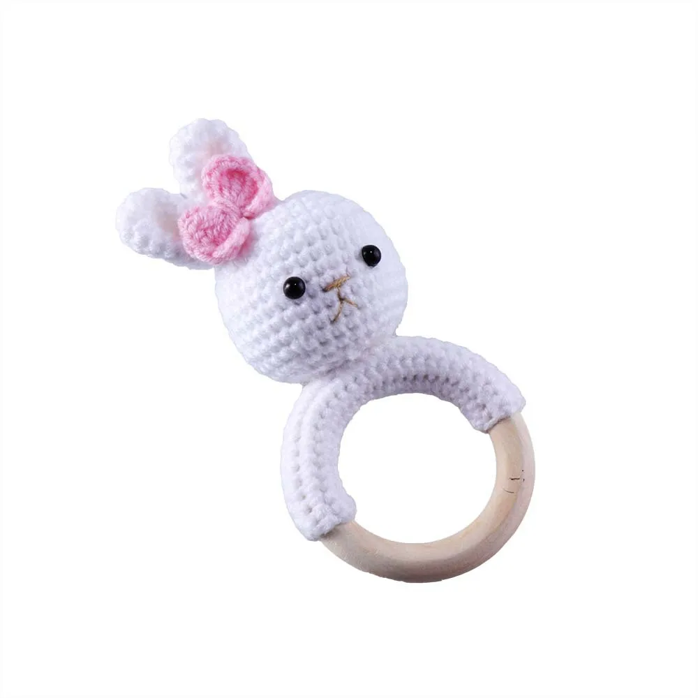 Baby Knitted Rattles Wooden Ring Sound Kodong Animal Ringing Interactive Toys Baby Soothing Doll Handmade Weaving Toys