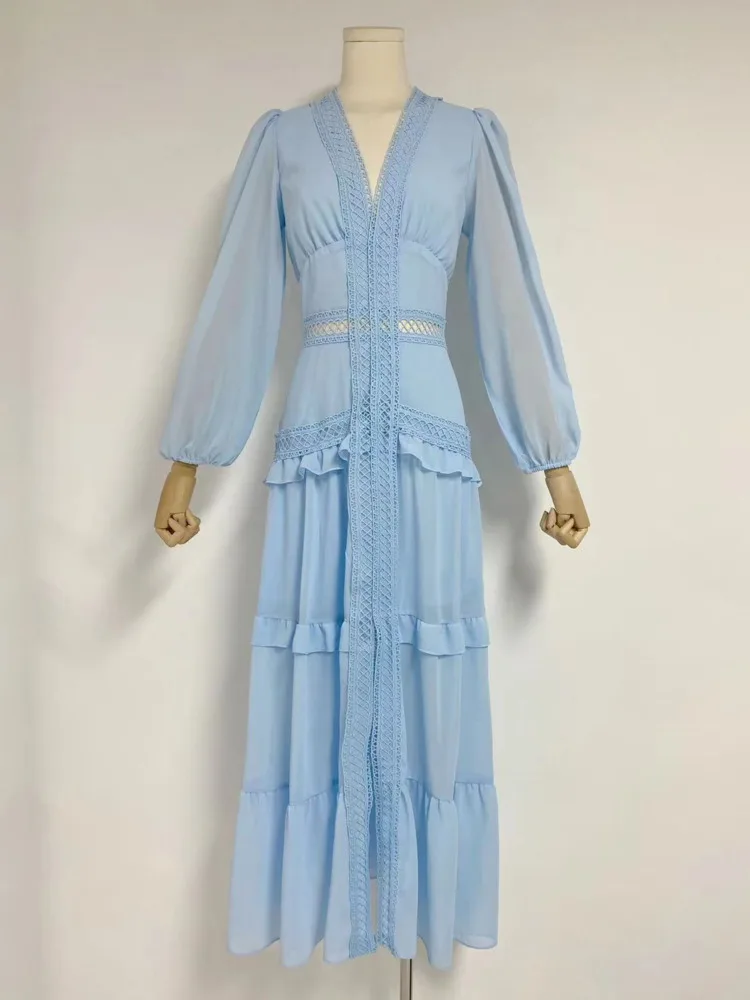 LGRQ abito da donna in Chiffon con scollo a v moda scollo a v vita scava fuori pizzo Patchwork maglia prospettiva abiti 2024 estate nuovo 19 zz517