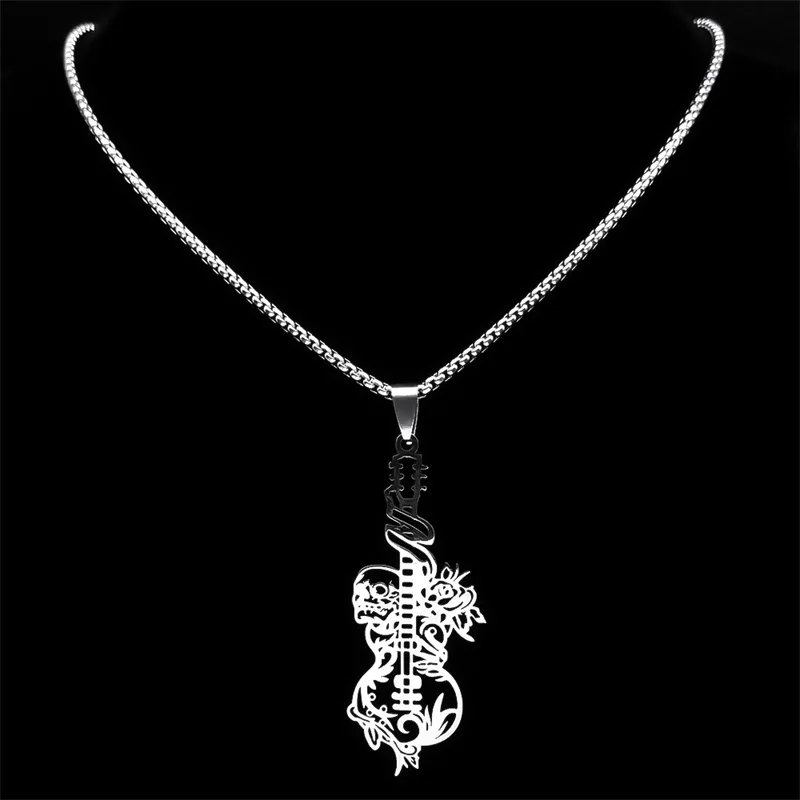 Attractive Rock Guitar Skull Flower Musical Necklace for Women Men Stainless Steel Hip Hop Music Chain Gift Jewelry NZZZ519S06