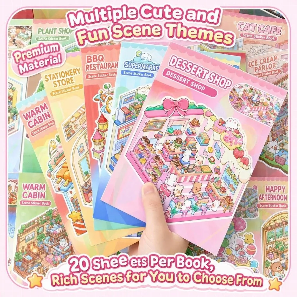 Cartoon 3D Miniature Scene Stickers Stress‑relief Collage Landscape Sticker Book 20 Scenes DIY Cabin Scene Sticker Children Gift
