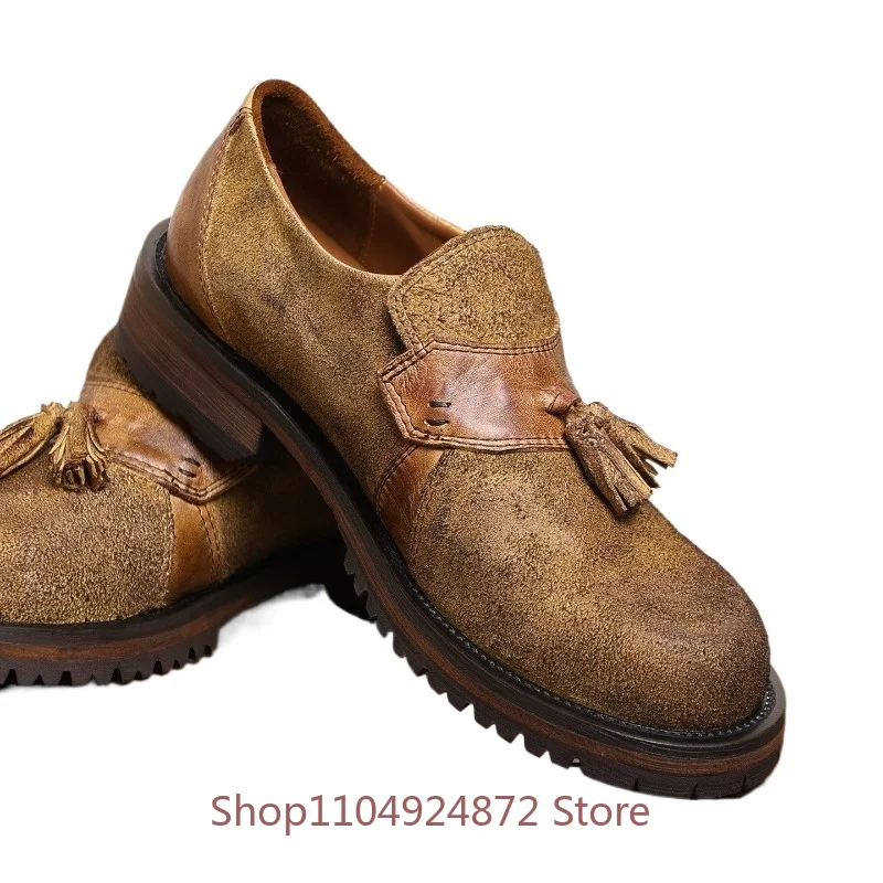 British Cow Suede Genuine Leather Loafers Men's Casual Leather Shoes Tassel Slip on Classic Business Thick Sole Dress Shoes Male