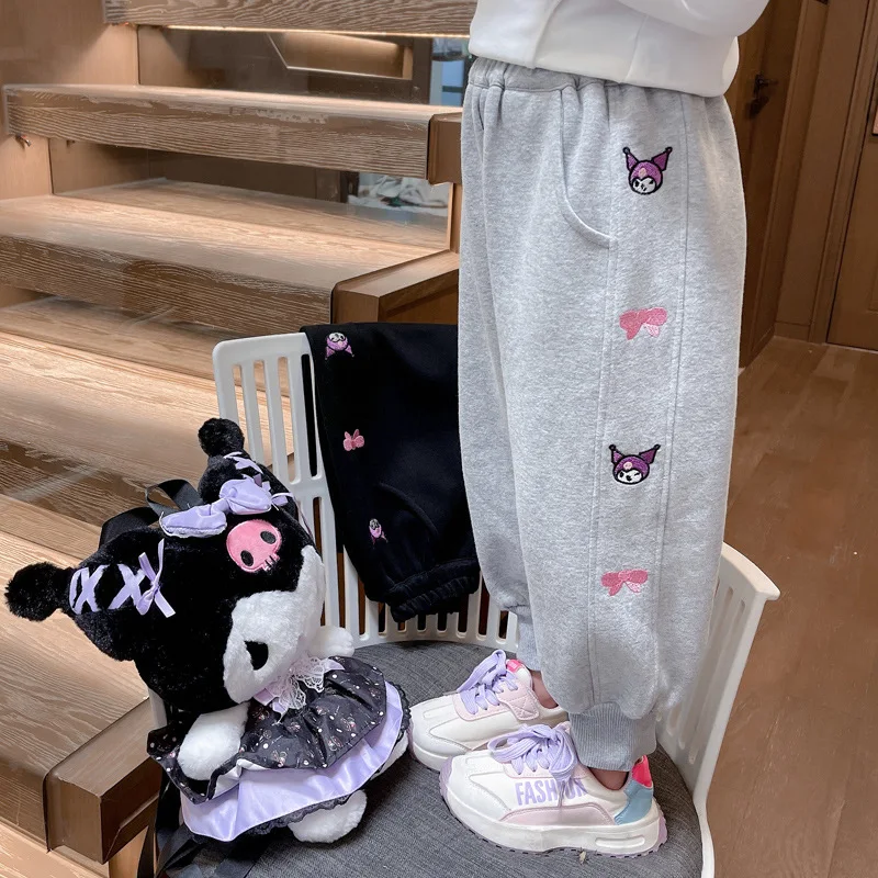 

2024 New Sanrio Kawaii Anime Kuromi Girls Embroidered Sweatpants Autumn Sweet Cute Cartoon Campus Pants Children Clothes Gifts