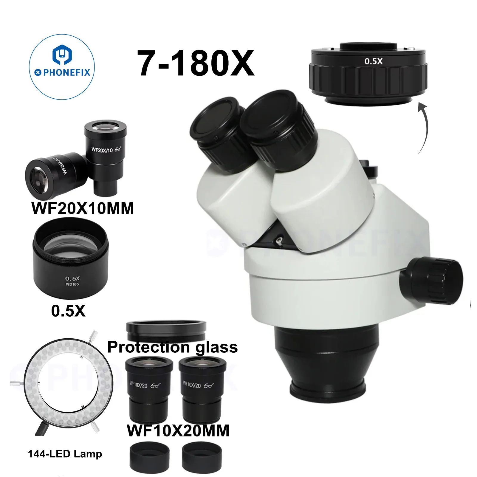 3.5-180X 7-45X Simul-Focal Trinocular Stereo Microscope Head Continuous Zoom 0.5X 2.0X Auxilliary Objective Lens For PCB Repair